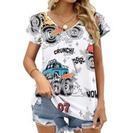 AILLOSA YH-685 Tamamı Baskılı Fırfırlı Kısa Kollu V Yakalı Kadın T-shirt