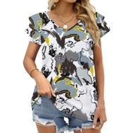 AILLOSA YH-686 Tamamı Baskılı Fırfırlı Kısa Kollu V Yakalı Kadın T-shirt