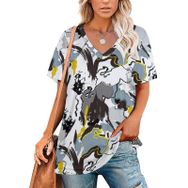 AILLOSA YH-686 Tamamı Baskılı V Yaka Kısa Kollu Kadın T-Shirt