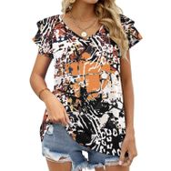 AILLOSA YH-687 Tamamı Baskılı Fırfırlı Kısa Kollu V Yakalı Kadın T-shirt