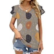 AILLOSA YH-688 Tamamı Baskılı Fırfırlı Kısa Kollu V Yakalı Kadın T-shirt