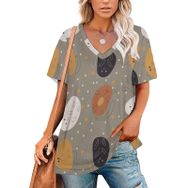 AILLOSA YH-688 Tamamı Baskılı V Yaka Kısa Kollu Kadın T-Shirt
