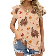 AILLOSA YH-690 Tamamı Baskılı Fırfırlı Kısa Kollu V Yakalı Kadın T-shirt