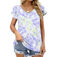AILLOSA YH-692 Tamamı Baskılı Fırfırlı Kısa Kollu V Yakalı Kadın T-shirt