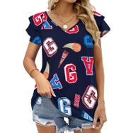 AILLOSA YH-693 Tamamı Baskılı Fırfırlı Kısa Kollu V Yakalı Kadın T-shirt