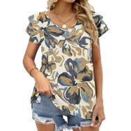AILLOSA YH-694 Tamamı Baskılı Fırfırlı Kısa Kollu V Yakalı Kadın T-shirt