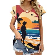 AILLOSA YH-696 Tamamı Baskılı Fırfırlı Kısa Kollu V Yakalı Kadın T-shirt