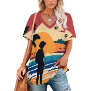 AILLOSA YH-696 Tamamı Baskılı V Yaka Kısa Kollu Kadın T-Shirt