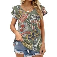 AILLOSA YH-697 Tamamı Baskılı Fırfırlı Kısa Kollu V Yakalı Kadın T-shirt
