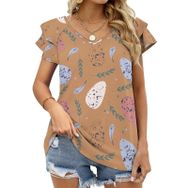 AILLOSA YH-699 Tamamı Baskılı Fırfırlı Kısa Kollu V Yakalı Kadın T-shirt