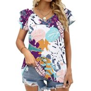 AILLOSA YH-701 Tamamı Baskılı Fırfırlı Kısa Kollu V Yakalı Kadın T-shirt