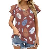 AILLOSA YH-703 Tamamı Baskılı Fırfırlı Kısa Kollu V Yakalı Kadın T-shirt