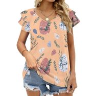 AILLOSA YH-704 Tamamı Baskılı Fırfırlı Kısa Kollu V Yakalı Kadın T-shirt