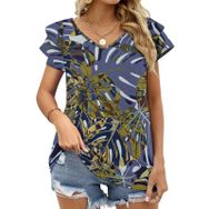AILLOSA YH-71 Tamamı Baskılı Fırfırlı Kısa Kollu V Yakalı Kadın T-shirt