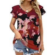 AILLOSA YH-73 Tamamı Baskılı Fırfırlı Kısa Kollu V Yakalı Kadın T-shirt