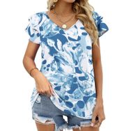 AILLOSA YH-74 Tamamı Baskılı Fırfırlı Kısa Kollu V Yakalı Kadın T-shirt