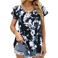 AILLOSA YH-75 Tamamı Baskılı Fırfırlı Kısa Kollu V Yakalı Kadın T-shirt