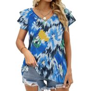 AILLOSA YH-76 Tamamı Baskılı Fırfırlı Kısa Kollu V Yakalı Kadın T-shirt