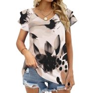 AILLOSA YH-78 Tamamı Baskılı Fırfırlı Kısa Kollu V Yakalı Kadın T-shirt