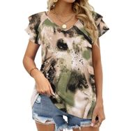 AILLOSA YH-79 Tamamı Baskılı Fırfırlı Kısa Kollu V Yakalı Kadın T-shirt