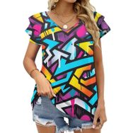 AILLOSA YH-8 Tamamı Baskılı Fırfırlı Kısa Kollu V Yakalı Kadın T-shirt