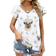 AILLOSA YH-80 Tamamı Baskılı Fırfırlı Kısa Kollu V Yakalı Kadın T-shirt