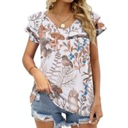 AILLOSA YH-81 Tamamı Baskılı Fırfırlı Kısa Kollu V Yakalı Kadın T-shirt