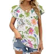 AILLOSA YH-85 Tamamı Baskılı Fırfırlı Kısa Kollu V Yakalı Kadın T-shirt