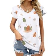 AILLOSA YH-86 Tamamı Baskılı Fırfırlı Kısa Kollu V Yakalı Kadın T-shirt