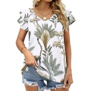 AILLOSA YH-87 Tamamı Baskılı Fırfırlı Kısa Kollu V Yakalı Kadın T-shirt