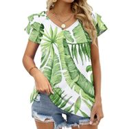 AILLOSA YH-89 Tamamı Baskılı Fırfırlı Kısa Kollu V Yakalı Kadın T-shirt