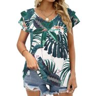 AILLOSA YH-90 Tamamı Baskılı Fırfırlı Kısa Kollu V Yakalı Kadın T-shirt