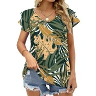 AILLOSA YH-91 Tamamı Baskılı Fırfırlı Kısa Kollu V Yakalı Kadın T-shirt