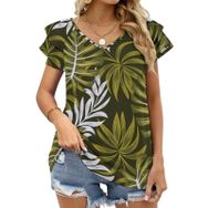AILLOSA YH-92 Tamamı Baskılı Fırfırlı Kısa Kollu V Yakalı Kadın T-shirt