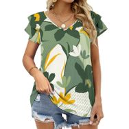 AILLOSA YH-93 Tamamı Baskılı Fırfırlı Kısa Kollu V Yakalı Kadın T-shirt