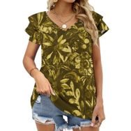AILLOSA YH-94 Tamamı Baskılı Fırfırlı Kısa Kollu V Yakalı Kadın T-shirt