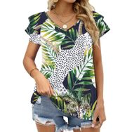 AILLOSA YH-99 Tamamı Baskılı Fırfırlı Kısa Kollu V Yakalı Kadın T-shirt