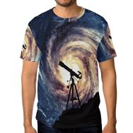 Alaza Renkli Galaksi Nebula ve Teleskop Kısa Kollu Erkek Tişört