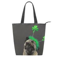 Alaza Tote Kanvas Sevimli Pug Köpek St. Patrick's Day 14×4.5×15 inç Çoklu Kadın Omuz El Çantası