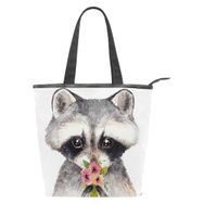 Alaza Tote Kanvas Sevimli Rakun Çiçekler 14×4.5×15 inç Çoklu Kadın Omuz El Çantası