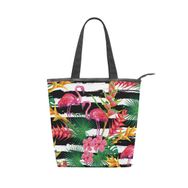 Alaza Tote Kanvas Tropikal Flamingo Palmiye Yaprakları Çiçekler Çizgili 14×4.5×15 inç Kadın Çoklu Omuz El Çantası