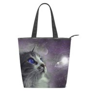 Alaza Tote Kanvas Uzay Gezegeninde Kedi 14×4.5×15 inç Çoklu Kadın Omuz El Çantası