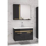 Alfa Banyo Yeni Gold Siyah 65 cm Aynalı Seramik Lavabolu Banyo Dolabı Takımı