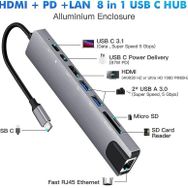 Alfais 4681 Type-C To HDMI USB 3.0 SD MicroSD 8 İn 1 Kart RJ45 Ethernet Çevirici Dönüştürücü Adaptör
