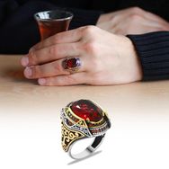 Alis Silver 925 Ayar Faset Kesim Kırmızı Zirkon Taşlı Mikro Zirkon Taş Mıhlamalı Gümüş Erkek Yüzük