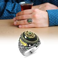 Alis Silver 925 Ayar Faset Kesim Yeşil Zirkon Taşlı Kişiye Özel İsim Yazılı Gümüş Erkek Yüzük