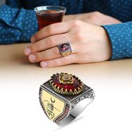 Alis Silver 925 Ayar Fetih 1453 Temalı Faset Kesim Kırmızı Zirkon Taşlı Gümüş Erkek Yüzük