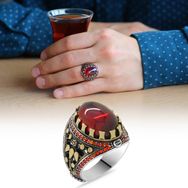 Alis Silver 925 Ayar Kırmızı Zirkon Taşlı Oval Tasarım Gümüş Erkek Yüzük