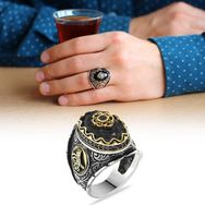 Alis Silver 925 Ayar Tuğra Figürlü Faset Kesim Siyah Zirkon Taşlı Gümüş Erkek Yüzük