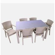 Almina Italy 80x140 Kapuçino Renk Camlı 6 Kişilik Rattan Desenli Bahçe Masa Takımı
